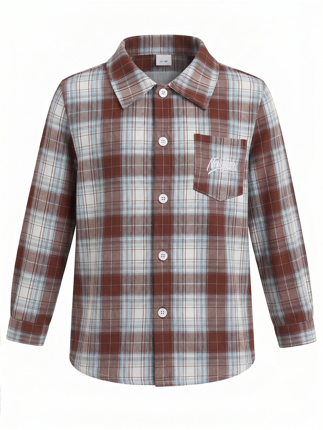 PureChapter Boys Button Down Shirt Plaid Long Sleeve Shirt with Letter Embroidery, Casual Boys Shirts for 7-15 Years