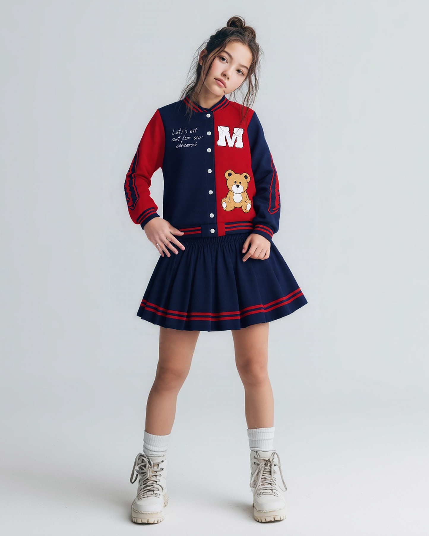 PureChapter Girls Clothes Cartoon Bear Letter Print Color Block Varsity Jacket & Striped Pleated Skirt 2 Piece Outfits for 7-14
