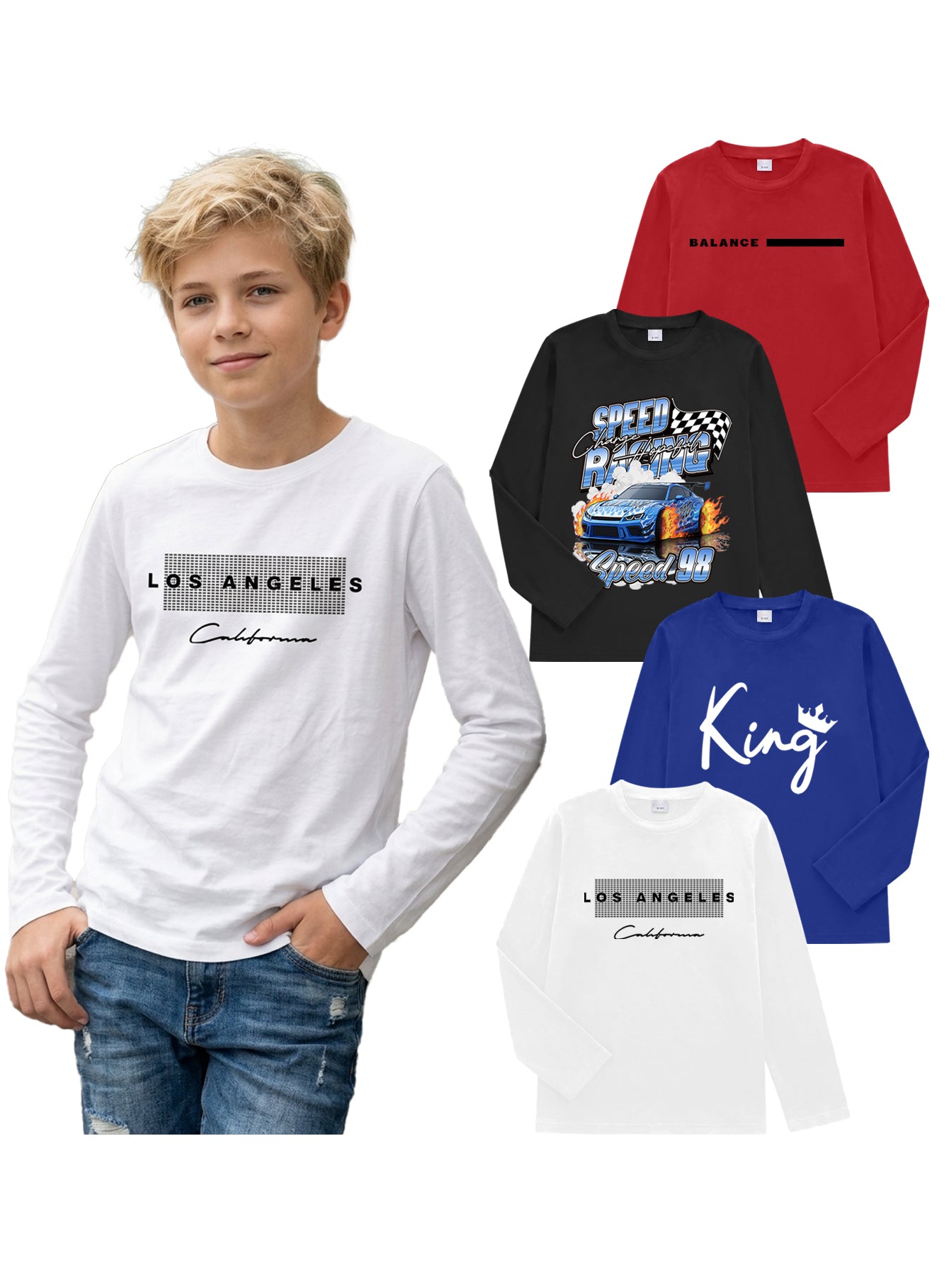 PureChapter 4 Pack Boys T Shirts Mixed Graphic Long Sleeve Crew Neck T-Shirts for 7-15 Years
