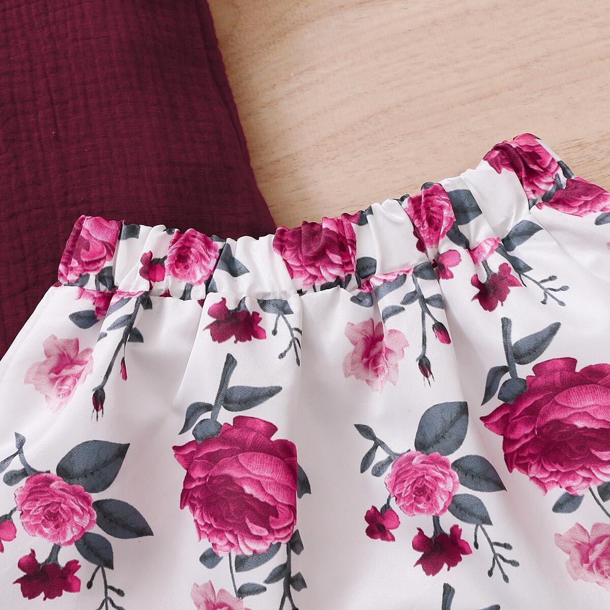 Baby Girl Clothes Ruffle Short Sleeve Tops Floral Skirt Summer 2pcs Outfits Wine Red 22011848-1
