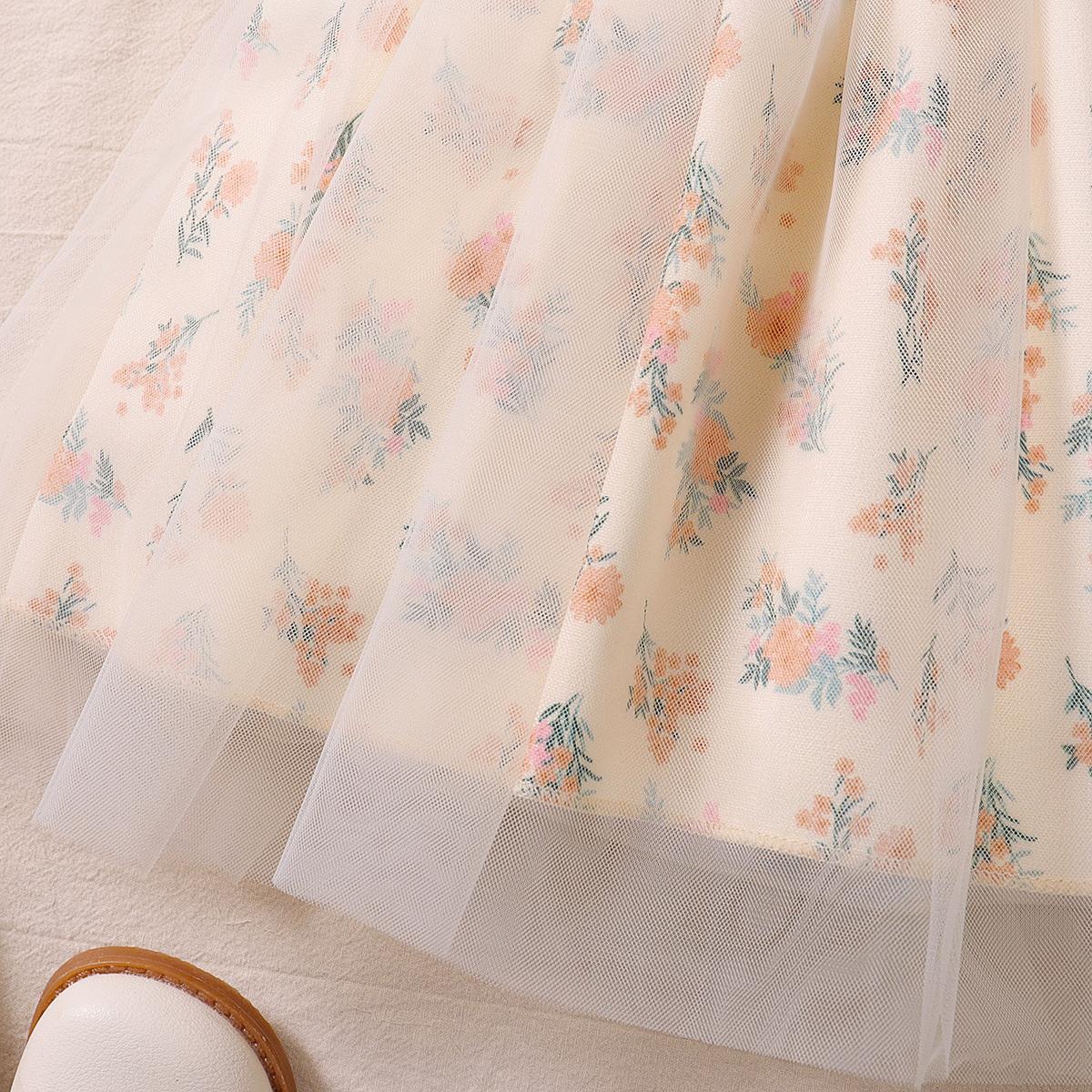 Baby Girls Dress Lotus Leaf Collar Floral Print Gauze One Piece Sun Dress Apricot J222211301