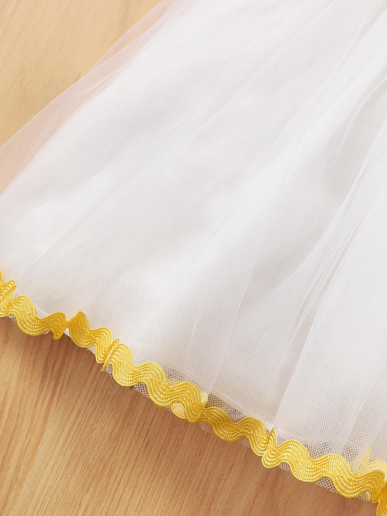 Kids Fashion Girls Dress Straps Sunflower Bow Splice Gauze One Piece Dress White F222112151