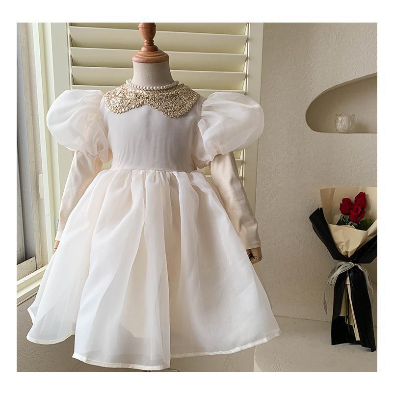 Baby Girls Princess Dress Spring Sequined Lace Doll Collar Bubble Sleeve Gauze Dress 23C009