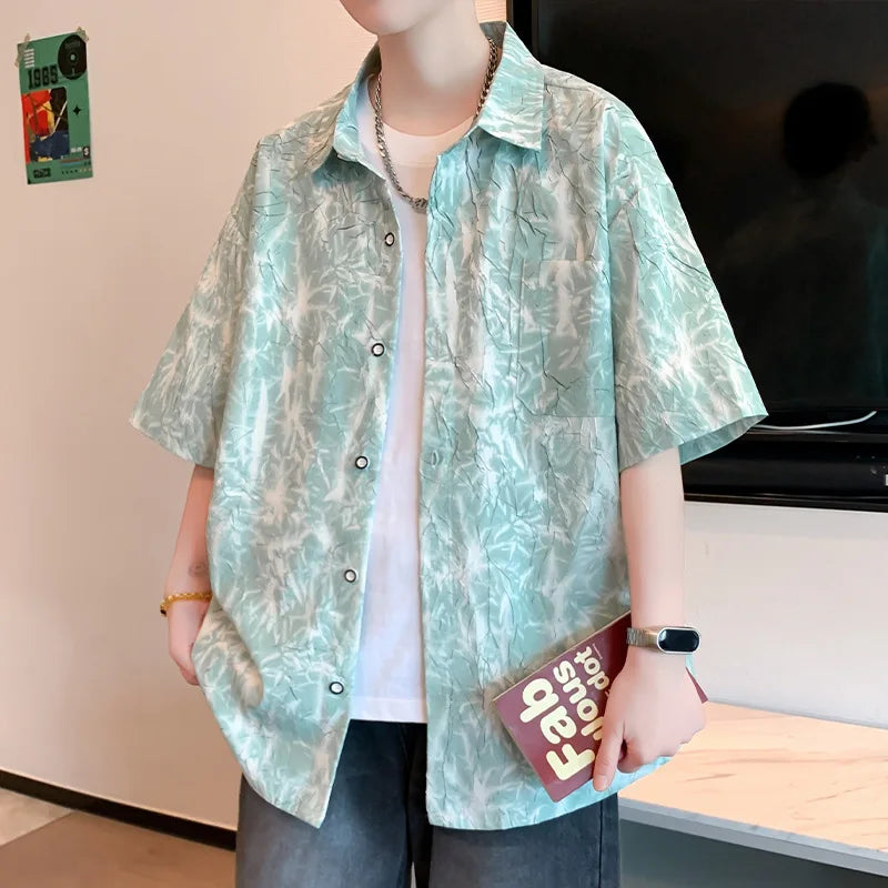 Men's Summer Short Sleeve Casual Shirt Crocheted Letter Pattern Thin Top Polyester Lapel Turn-down Collar