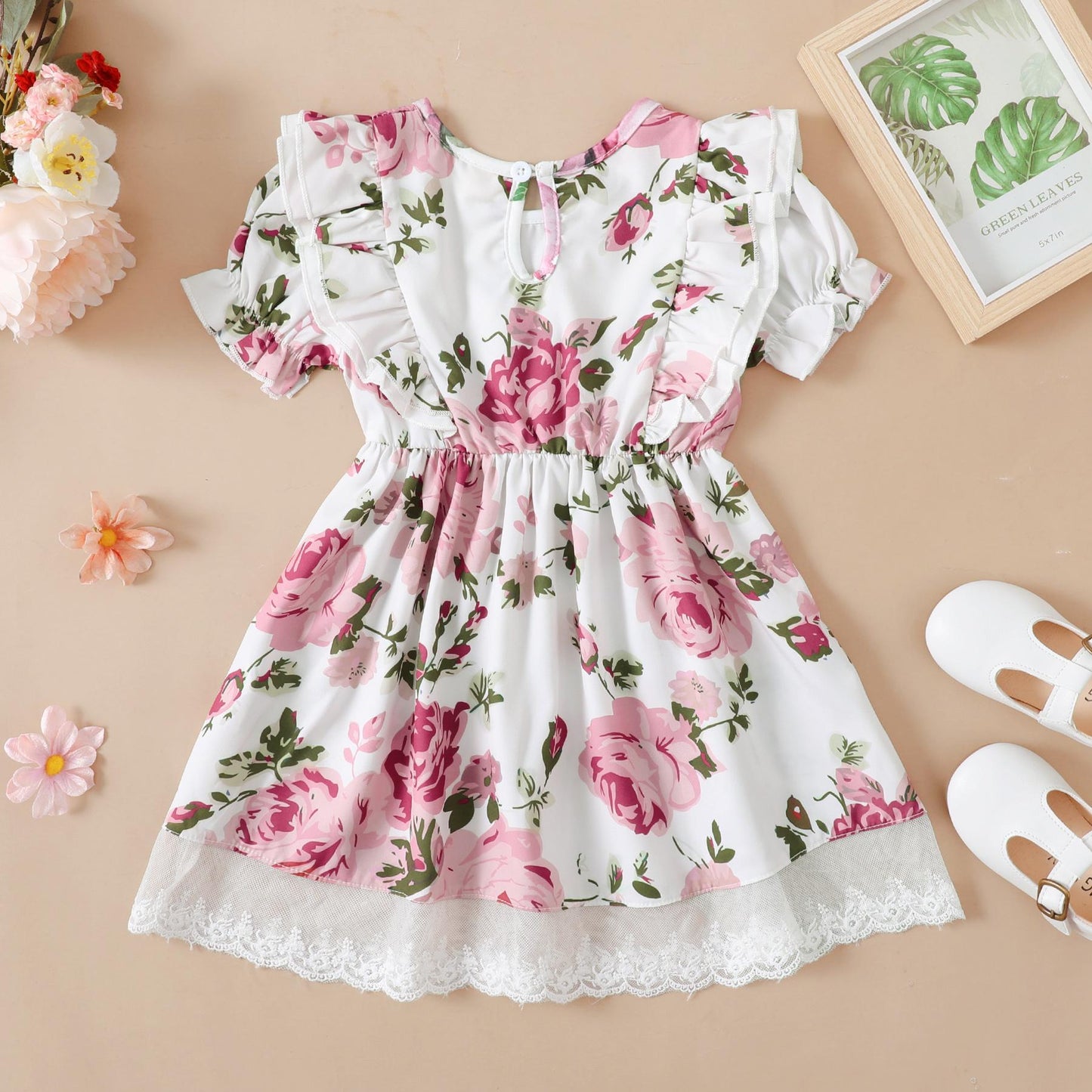 Baby Clothes Baby Girl Pink Floral Ruffle Short Sleeve Dress 212111338