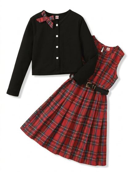 PureChapter Girls' Clothing Sets Long Sleeve Ribbed Cardigan & Plaid Sleeveless Pleated Dress 2-Piece Fall Outfit with Belt & Bow