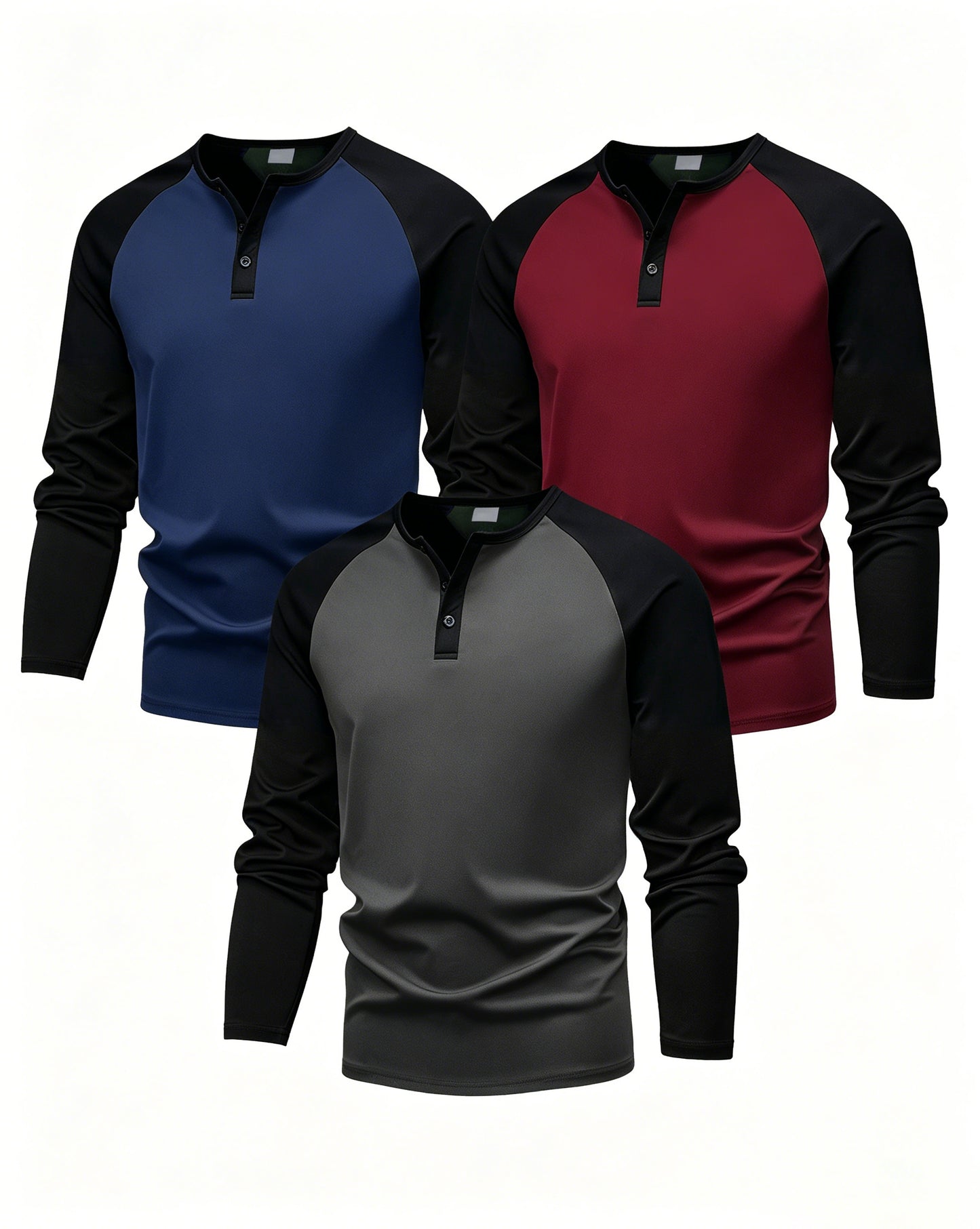 PureChapter Boys T Shirts 3 Pack Raglan Long Sleeve Henley Color Block Half Button Casual T-shirt for Kids 7-15