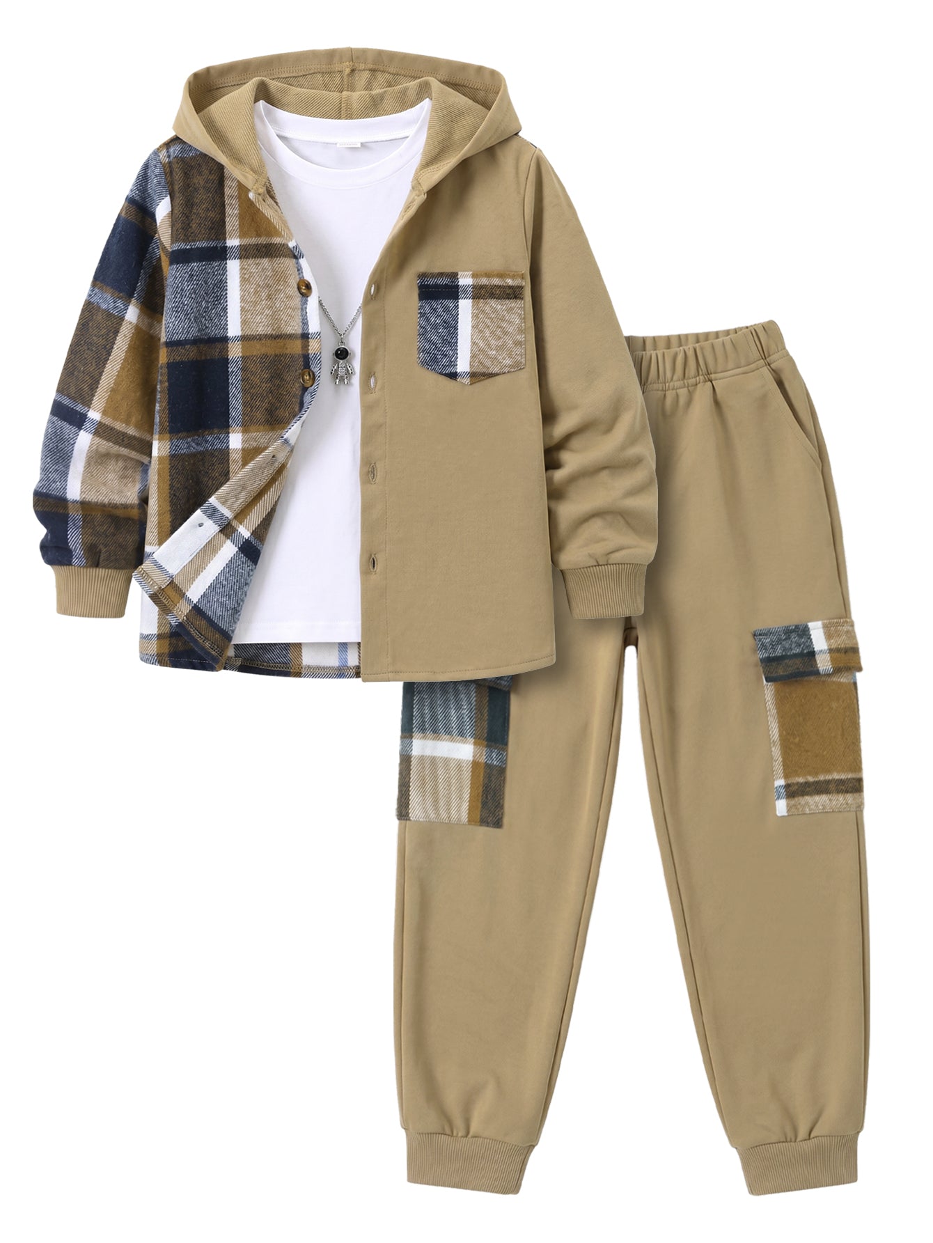 PureChapter Boys Clothing Sets Plaid Color Block Hooded Button Jacket & Jogger Pants 2-Piece Casual Outfits for Kids 7-15 Years