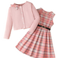 PureChapter Girls' Clothing Sets Long Sleeve Ribbed Cardigan & Plaid Sleeveless Pleated Dress 2-Piece Fall Outfit with Belt & Bow