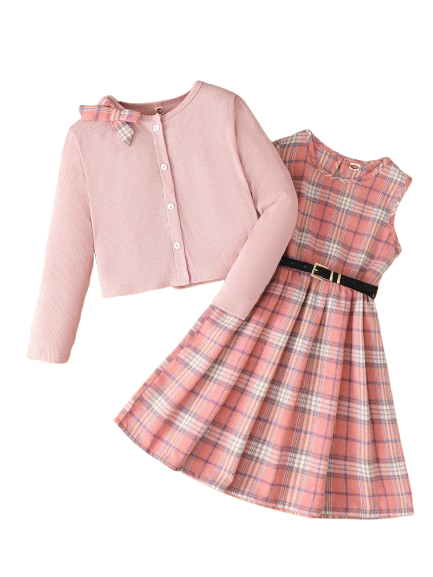 PureChapter Girls' Clothing Sets Long Sleeve Ribbed Cardigan & Plaid Sleeveless Pleated Dress 2-Piece Fall Outfit with Belt & Bow