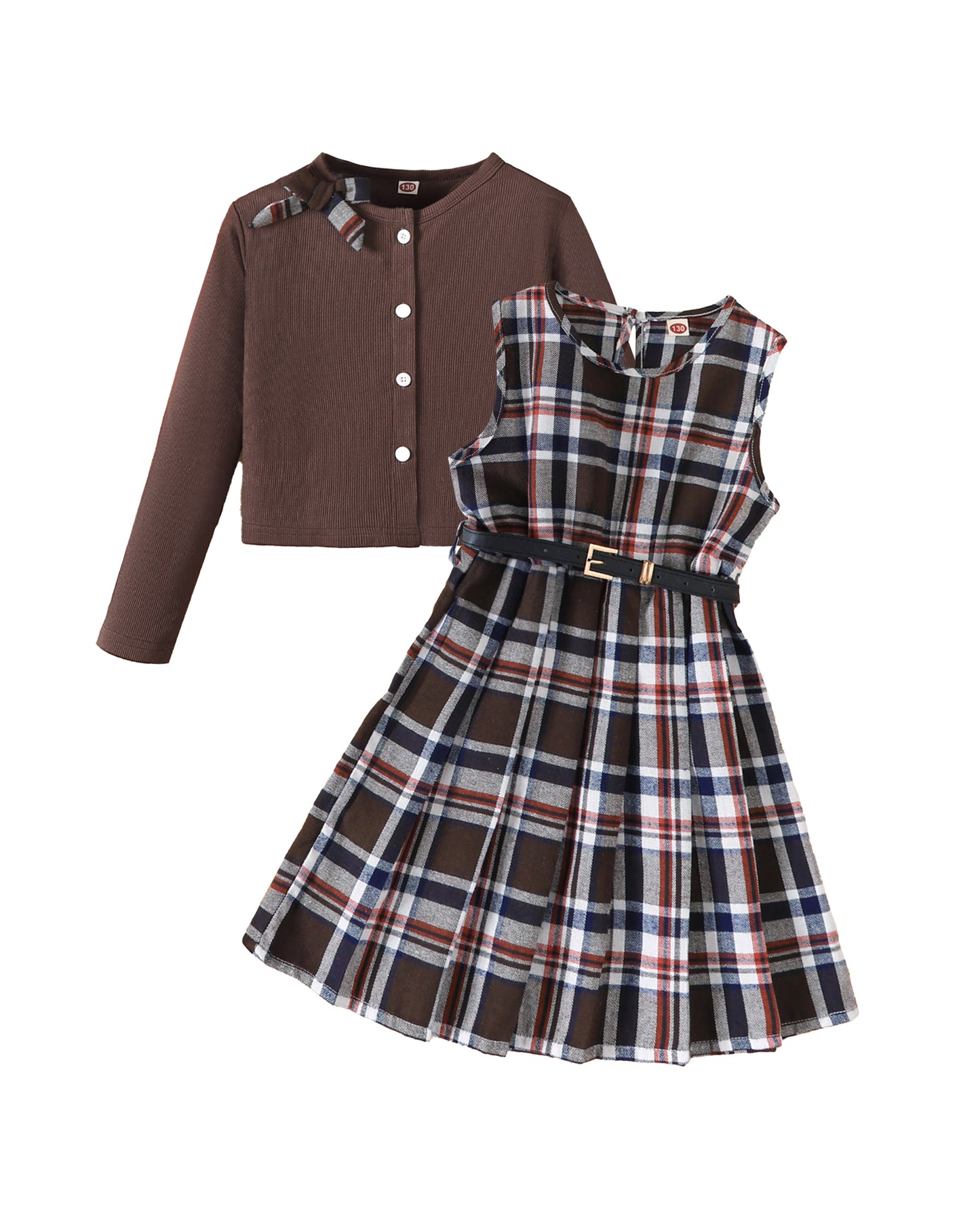 PureChapter Girls' Clothing Sets Long Sleeve Ribbed Cardigan & Plaid Sleeveless Pleated Dress 2-Piece Fall Outfit with Belt & Bow