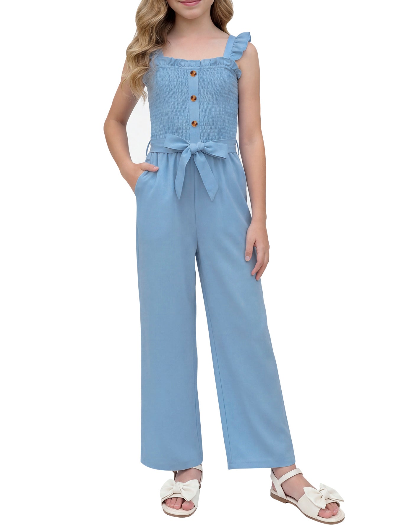 PureChapter Girls Romper Girls Jumpsuit Solid Color Ruffle Strap Smocked Jumpsuit with Belt & Pockets 5-12Y