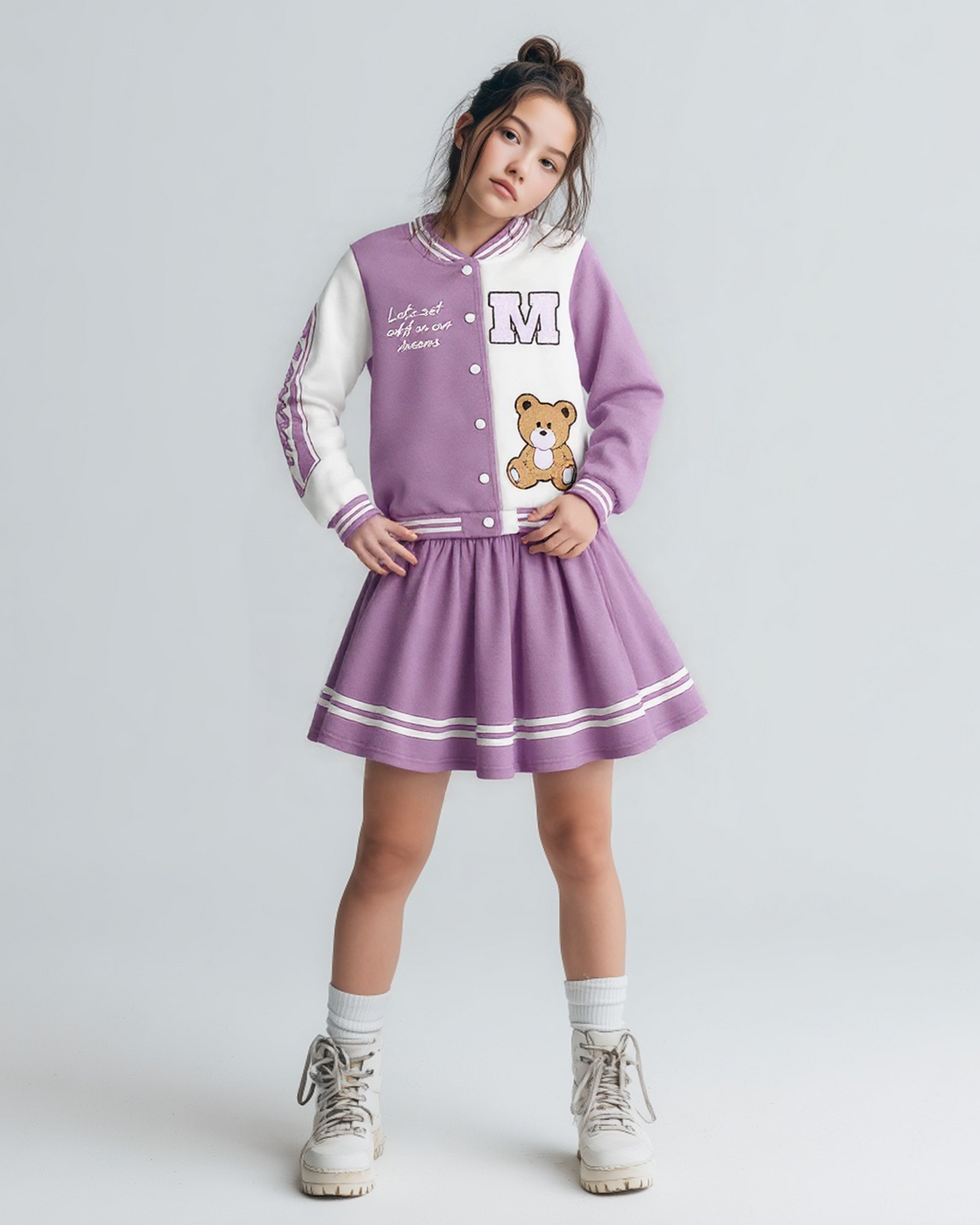 PureChapter Girls Clothes Cartoon Bear Letter Print Color Block Varsity Jacket & Striped Pleated Skirt 2 Piece Outfits for 7-14