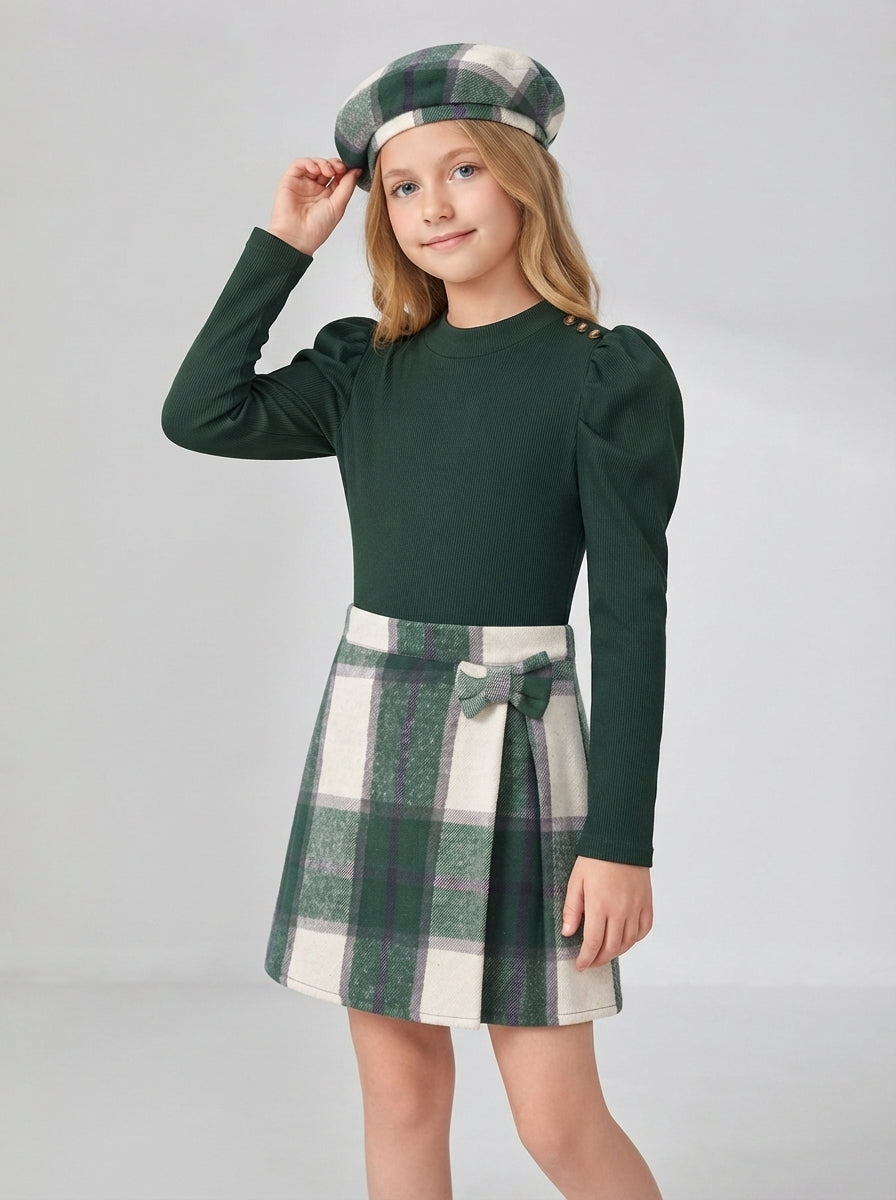 PureChapter Girls 3 Piece Outfit Set, Puff Long Sleeve Ribbed Top, Plaid Bow A-Line Skirt & Matching Beret Hat Vintage Preppy Clothes for Teen Girls 6-14 Years