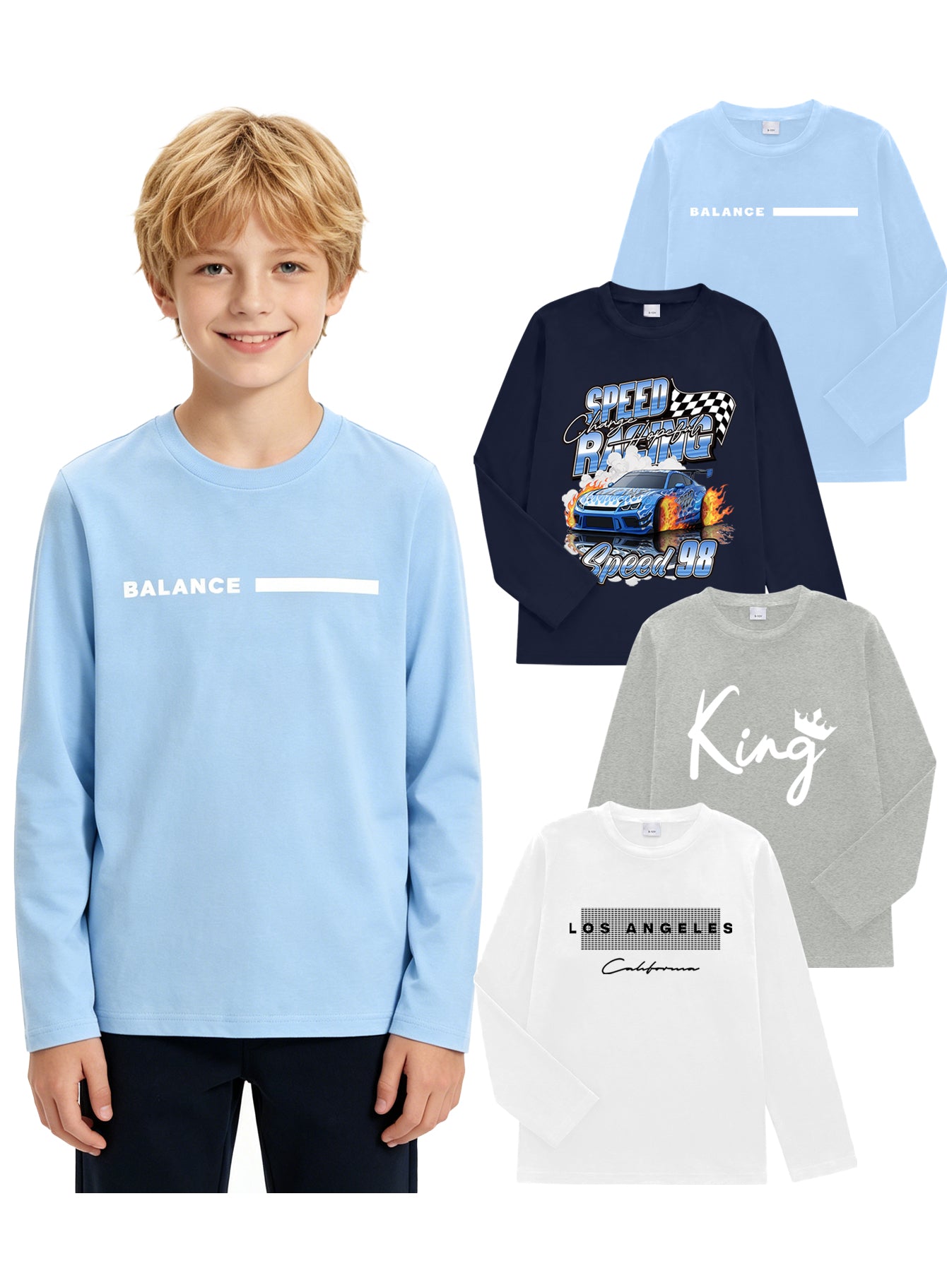PureChapter 4 Pack Boys T Shirts Mixed Graphic Long Sleeve Crew Neck T-Shirts for 7-15 Years