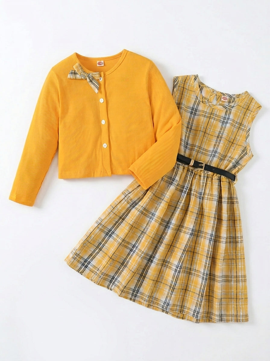 PureChapter Girls' Clothing Sets Long Sleeve Ribbed Cardigan & Plaid Sleeveless Pleated Dress 2-Piece Fall Outfit with Belt & Bow