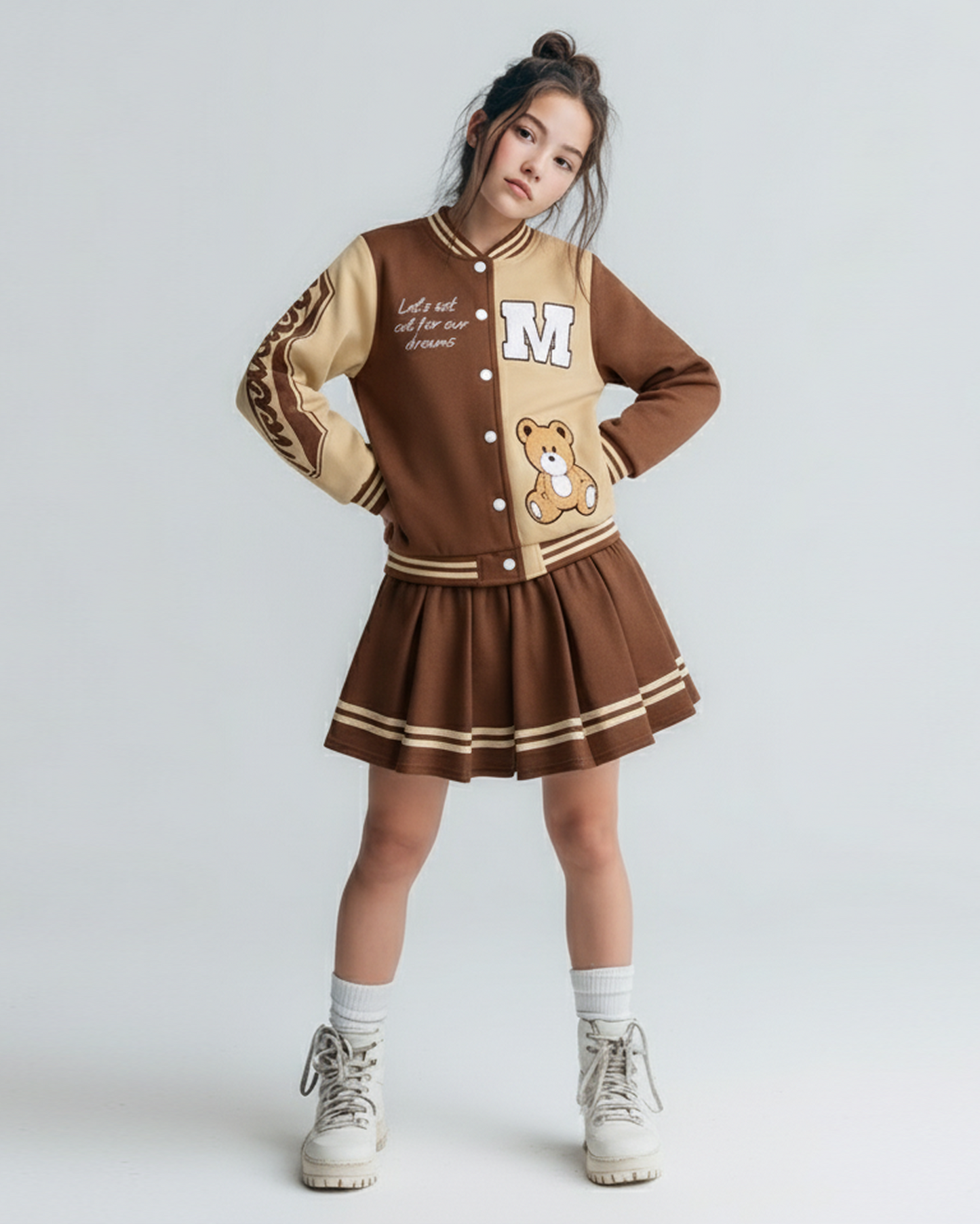 PureChapter Girls Clothes Cartoon Bear Letter Print Color Block Varsity Jacket & Striped Pleated Skirt 2 Piece Outfits for 7-14