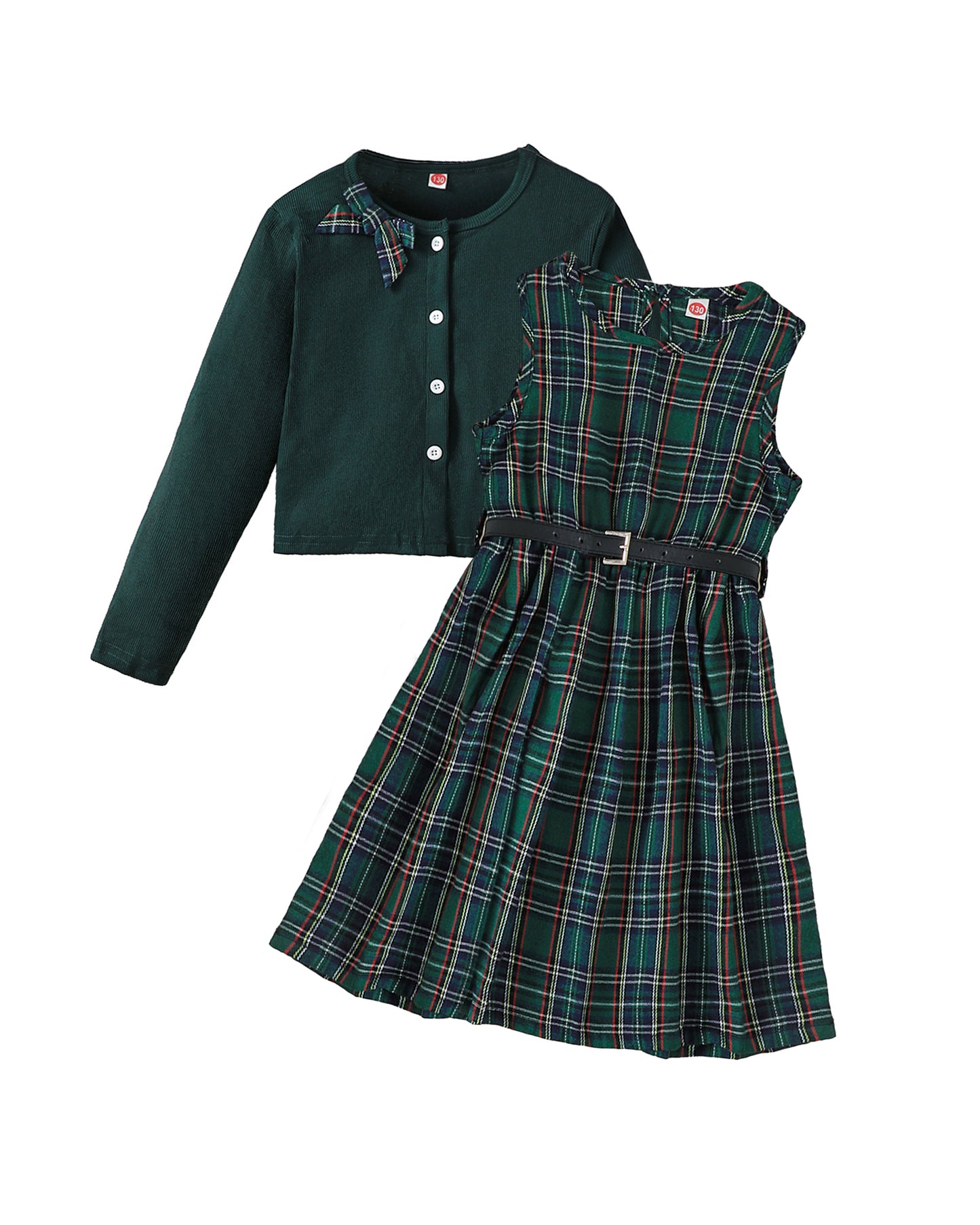 PureChapter Girls' Clothing Sets Long Sleeve Ribbed Cardigan & Plaid Sleeveless Pleated Dress 2-Piece Fall Outfit with Belt & Bow