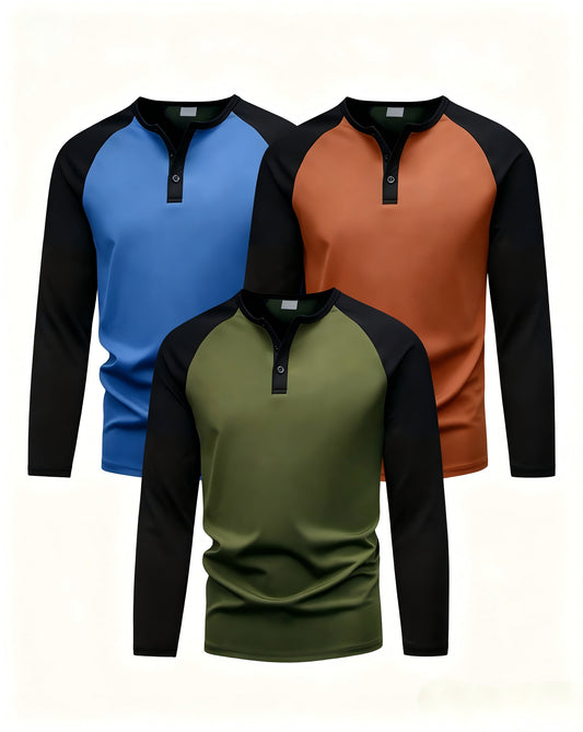 PureChapter Boys T Shirts 3 Pack Raglan Long Sleeve Henley Color Block Half Button Casual T-shirt for Kids 7-15