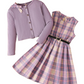 PureChapter Girls' Clothing Sets Long Sleeve Ribbed Cardigan & Plaid Sleeveless Pleated Dress 2-Piece Fall Outfit with Belt & Bow