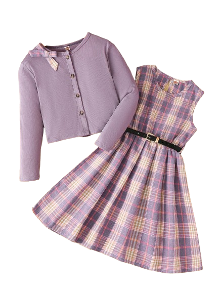 PureChapter Girls' Clothing Sets Long Sleeve Ribbed Cardigan & Plaid Sleeveless Pleated Dress 2-Piece Fall Outfit with Belt & Bow