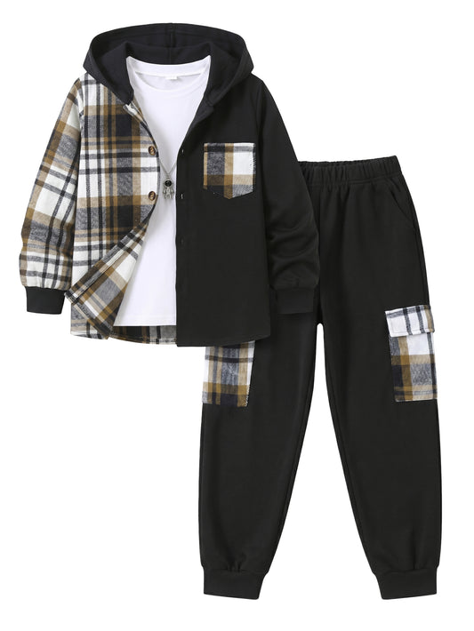 PureChapter Boys Clothing Sets Plaid Color Block Hooded Button Jacket & Jogger Pants 2-Piece Casual Outfits for Kids 7-15 Years