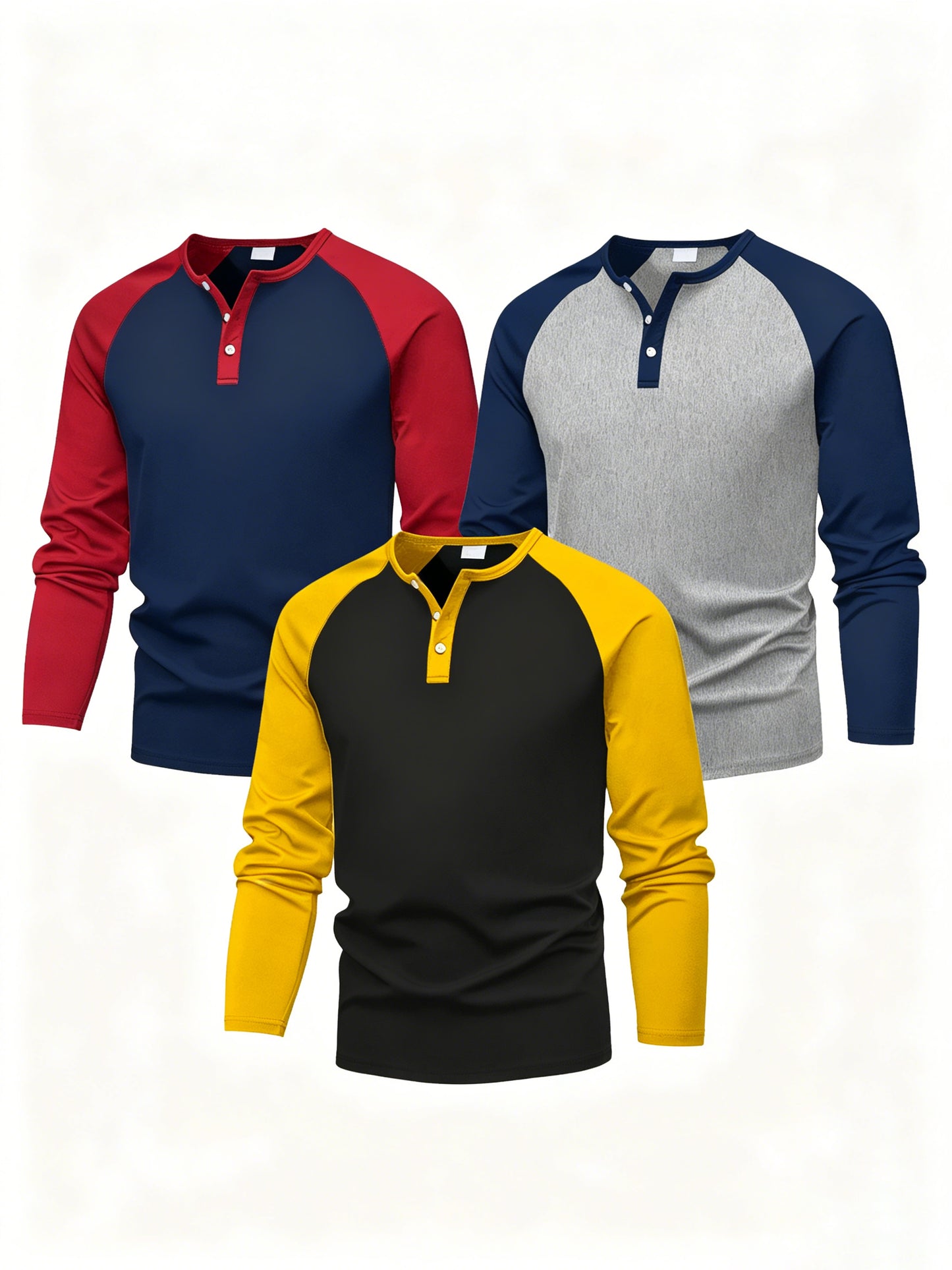 PureChapter Boys T Shirts 3 Pack Raglan Long Sleeve Henley Color Block Half Button Casual T-shirt for Kids 7-15