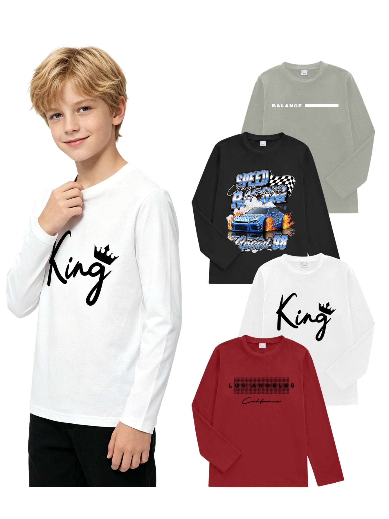 PureChapter 4 Pack Boys T Shirts Mixed Graphic Long Sleeve Crew Neck T-Shirts for 7-15 Years