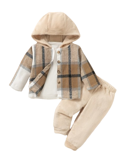 PureChapter Baby Boys' Clothing Sets Plaid Patchwork Fleece Lined Hooded Button Jacket & Warm Pants 2 Piece Casual Outfits