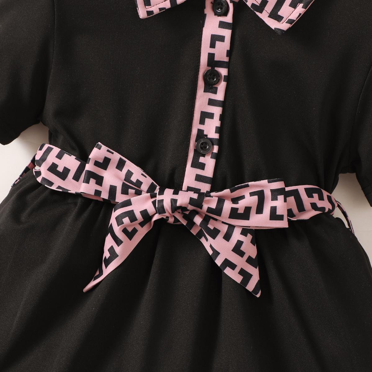 Ready Stock Kids Fashion Girls Dress Turn-down Collar Fashion Pattern Summer Dress Elastic Bow One Piece Party Dress Black 122212308
