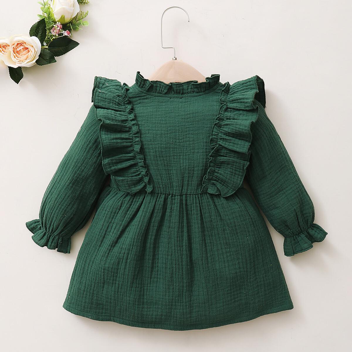 Infant Baby Girl Dress Baby Girl Fall Clothes Ruffle Long Sleeve Cute Bowknot Dress Green 22010055-2