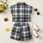 Kids fashion Girls Outfits Girls OOTD Plaid Turn-down Collar Pocket Sleeveless Shirt Shorts 2Pcs Clothes Set For Summer Black 122204304