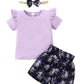 Kids Fashion Ready Stock Summer Clothes For Girls Ruffle Sleeve Solid Color Shirts Elastic Shorts Headband 3Pcs Outfits Green 112202005