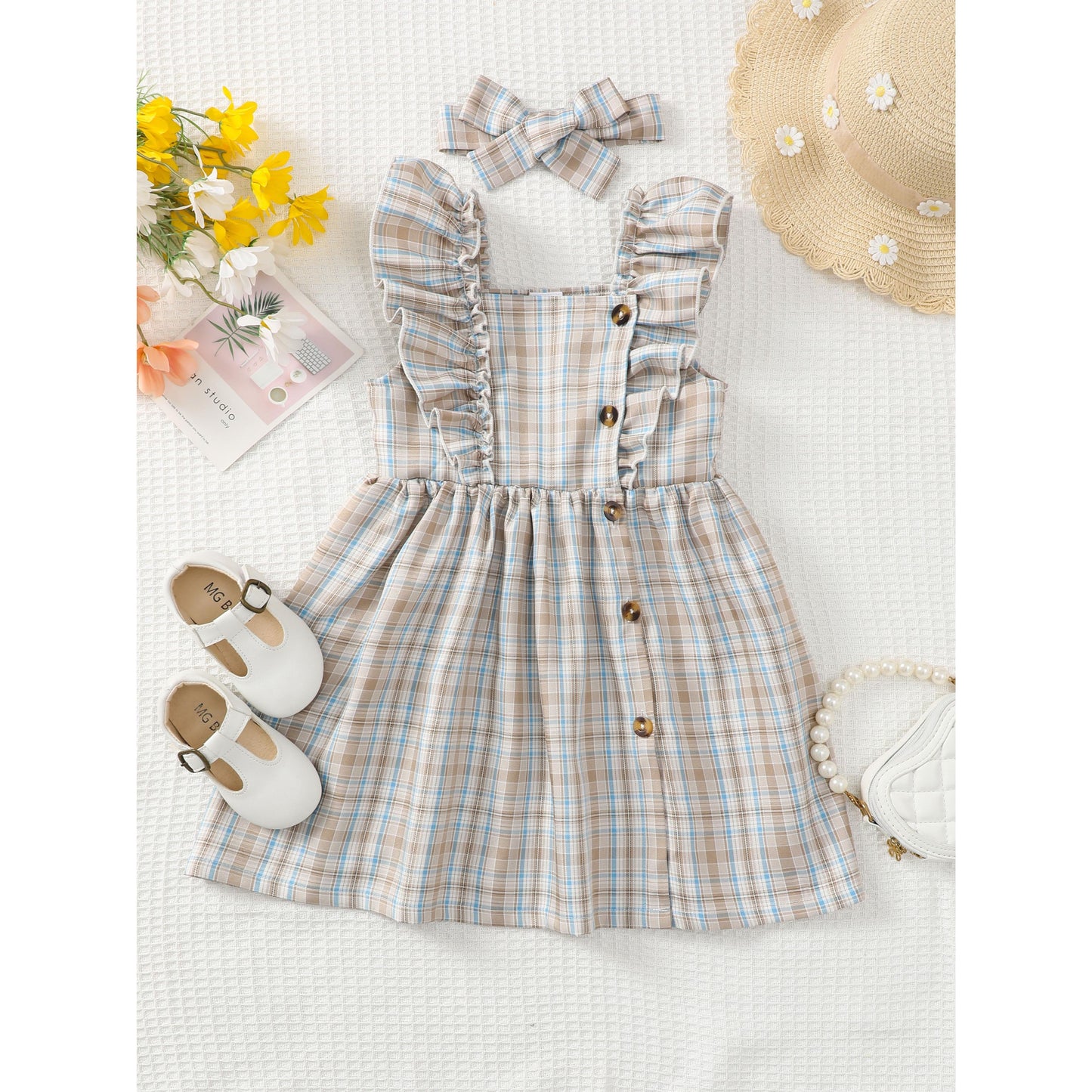 Baby Girls Clothes Plaid Print Sleeveless Summer Dress With Headband 2Pcs OOTD Apricot 622120003