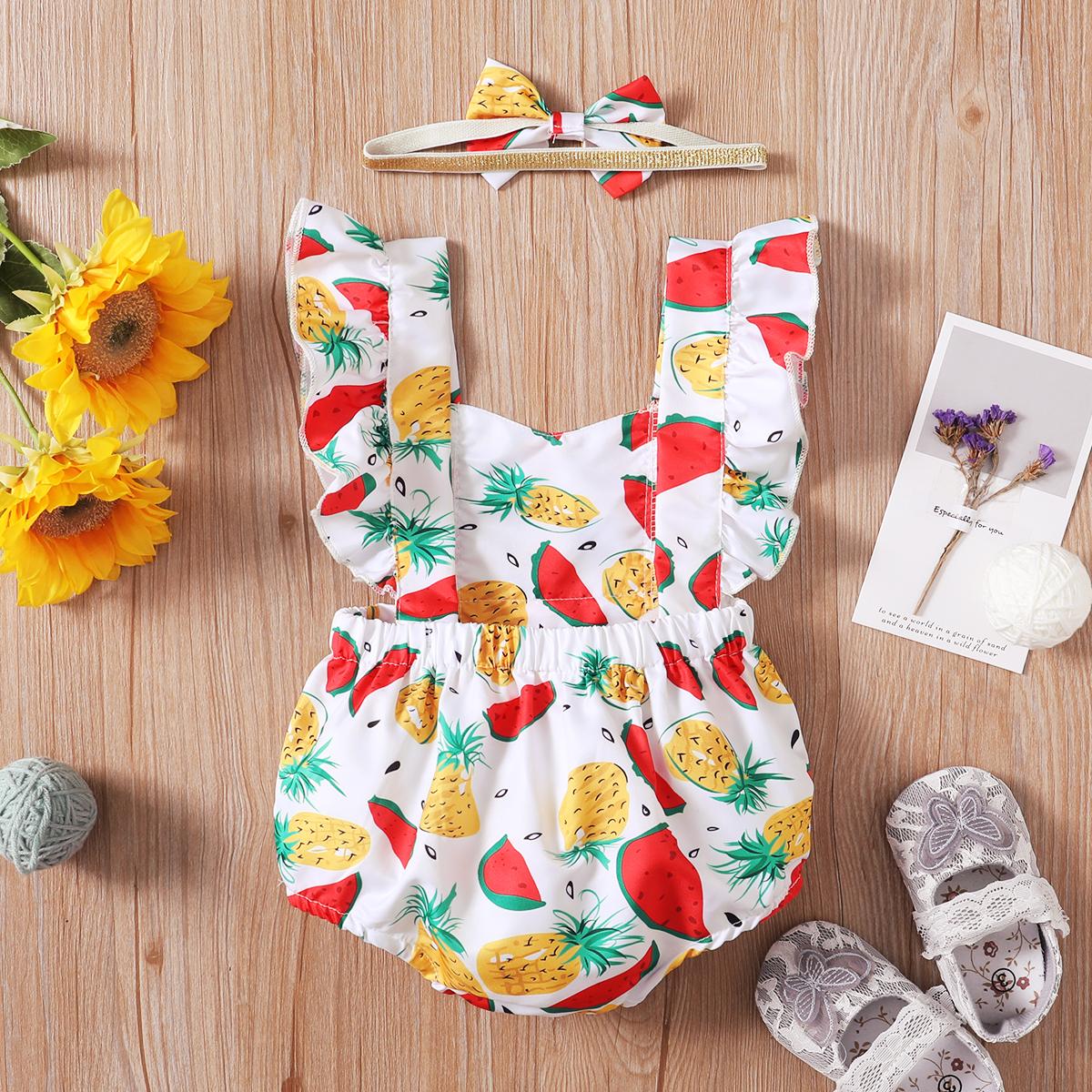 Kids fashion Girls Clothes Sleeveless Summer Bodysuits With Headband 2Pcs Ready Stock Set 22104770