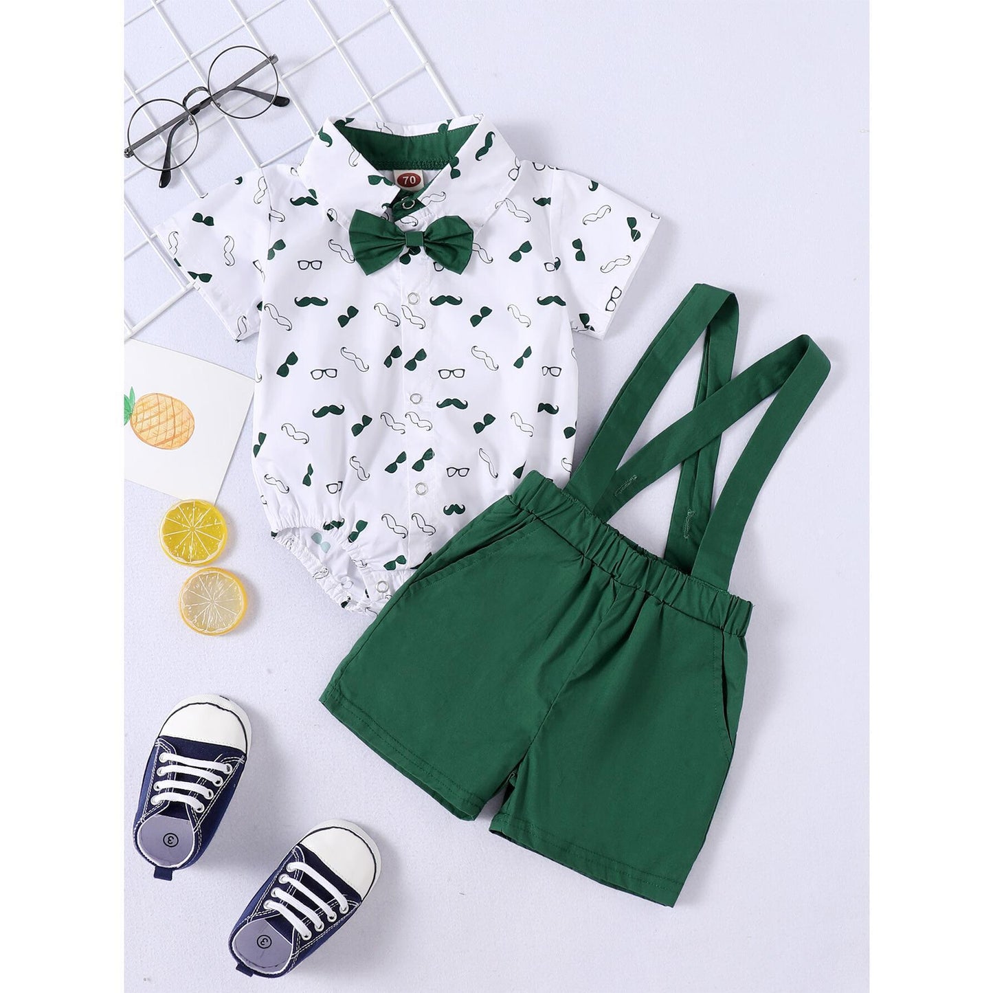 JOYSHOP Toddler Baby Boy Clothes Short Sleeve Beard Print Romper Top Shorts Overalls Set Baby Boy Summer Outfits Green 193449-3
