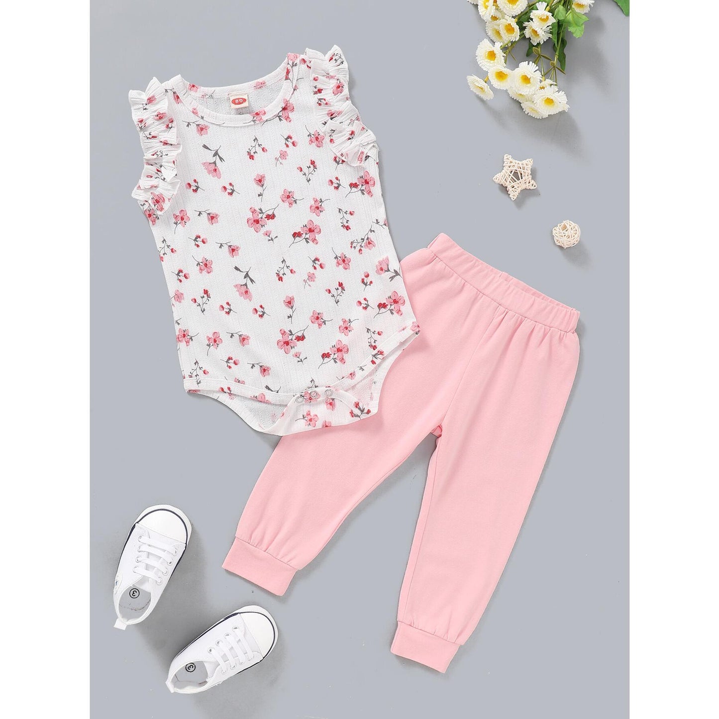 Kids Fashion Girl Clothes Toddler Girl Outfits Floral Sleeveless Romper Top Pants 2PCS Clothing Set WL2004671-1