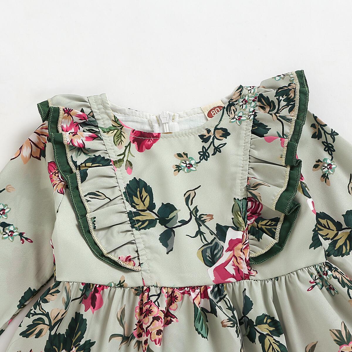 JOYSHOP Baby Girl Clothes Ruffle Long Sleeve Floral Dress Headband 2PCS Set 190149
