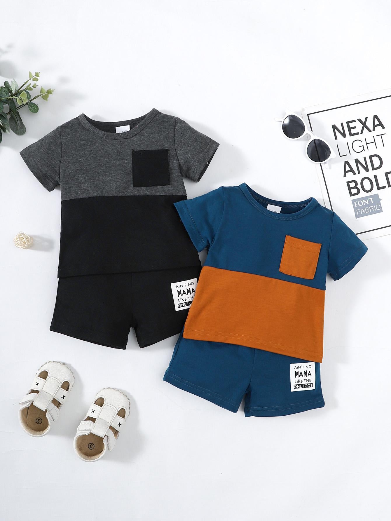 Kids Fashion Boys Clothes OOTD Splice Pocket Shirt Shorts 2Pcs Outfits 212211009