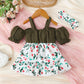 Ready Stock Baby Girls Clothes Straps Bubble Sleeve Floral Print Dress With Headband 2Pcs Summer Set Green 122110007