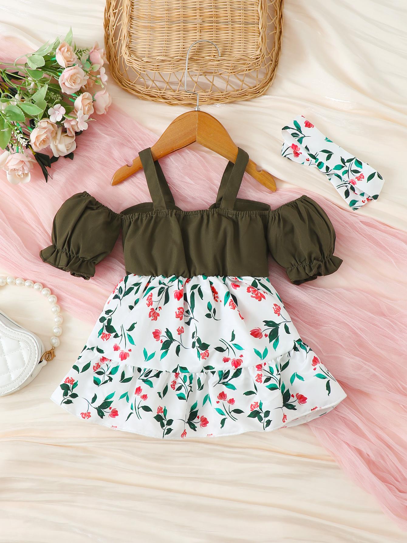 Ready Stock Baby Girls Clothes Straps Bubble Sleeve Floral Print Dress With Headband 2Pcs Summer Set Green 122110007