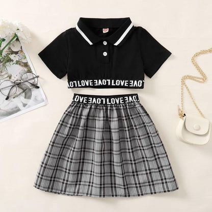Baby Girls Outfits Turn-down Collar Polo Shirt Plaid Skirts 2PCS Summer OOTD Black 12110303