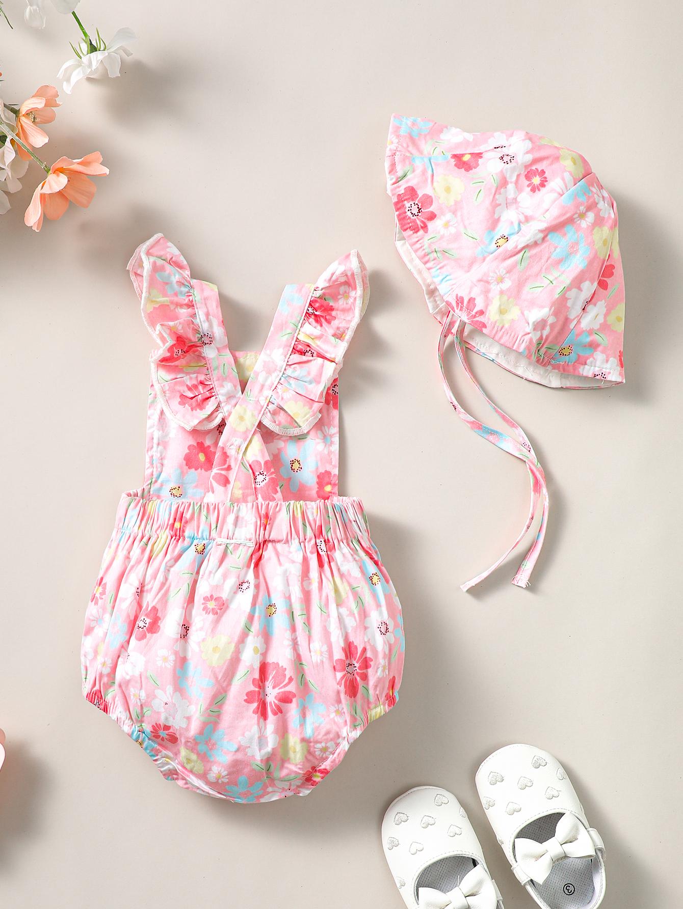 Kid Fashion Ready Stock Girls Clothes Summer Sleeveless Floral Print Romper With Hat 2Pcs Set ZX-ZB029