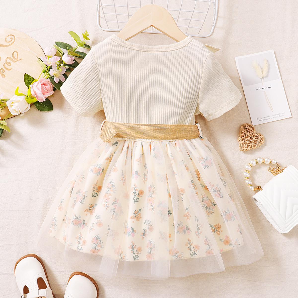 Baby Girls Dress Lotus Leaf Collar Floral Print Gauze One Piece Sun Dress Apricot J222211301