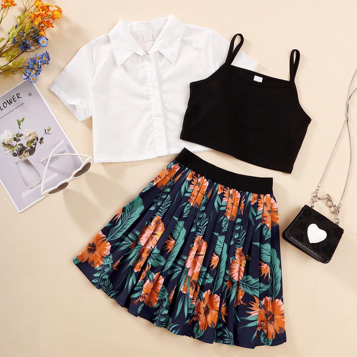 Ready Stock Big Girls Clothes Solid Color Turn-down Collar Shirts Straps Undershirt Floral Skirts 3Pcs Summer OOTD White GS112211005