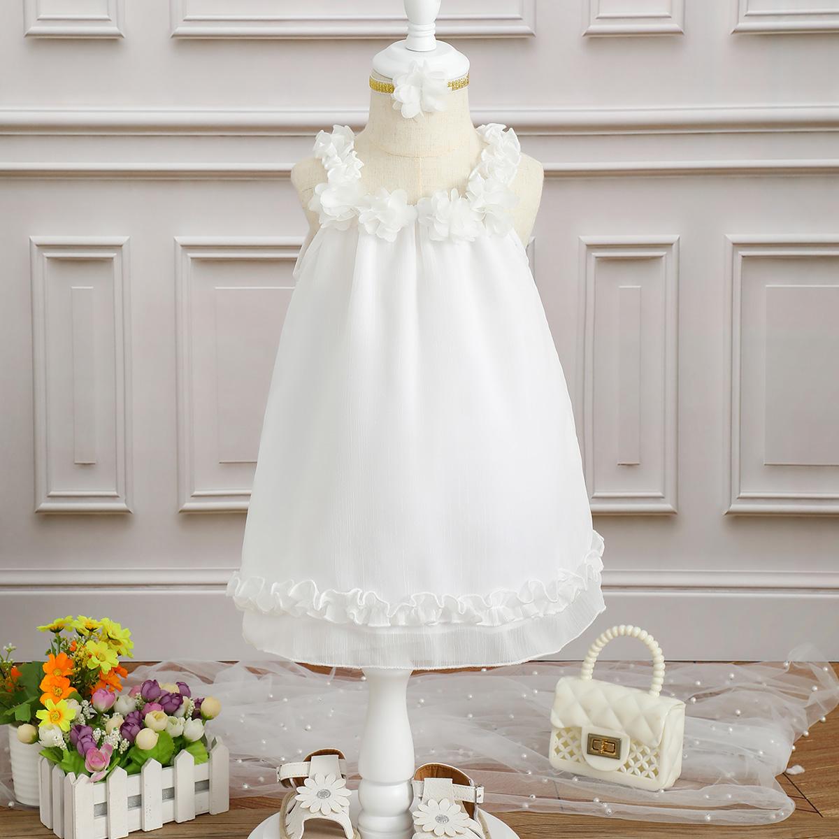 Ready Stock Kids Fashion Girls Clothes Solid White Lace Summer Straps Eneving Party Dress With Headband 2Pcs Perforamance Set 112301001