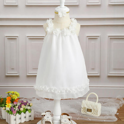 Ready Stock Kids Fashion Girls Clothes Solid White Lace Summer Straps Eneving Party Dress With Headband 2Pcs Perforamance Set 112301001