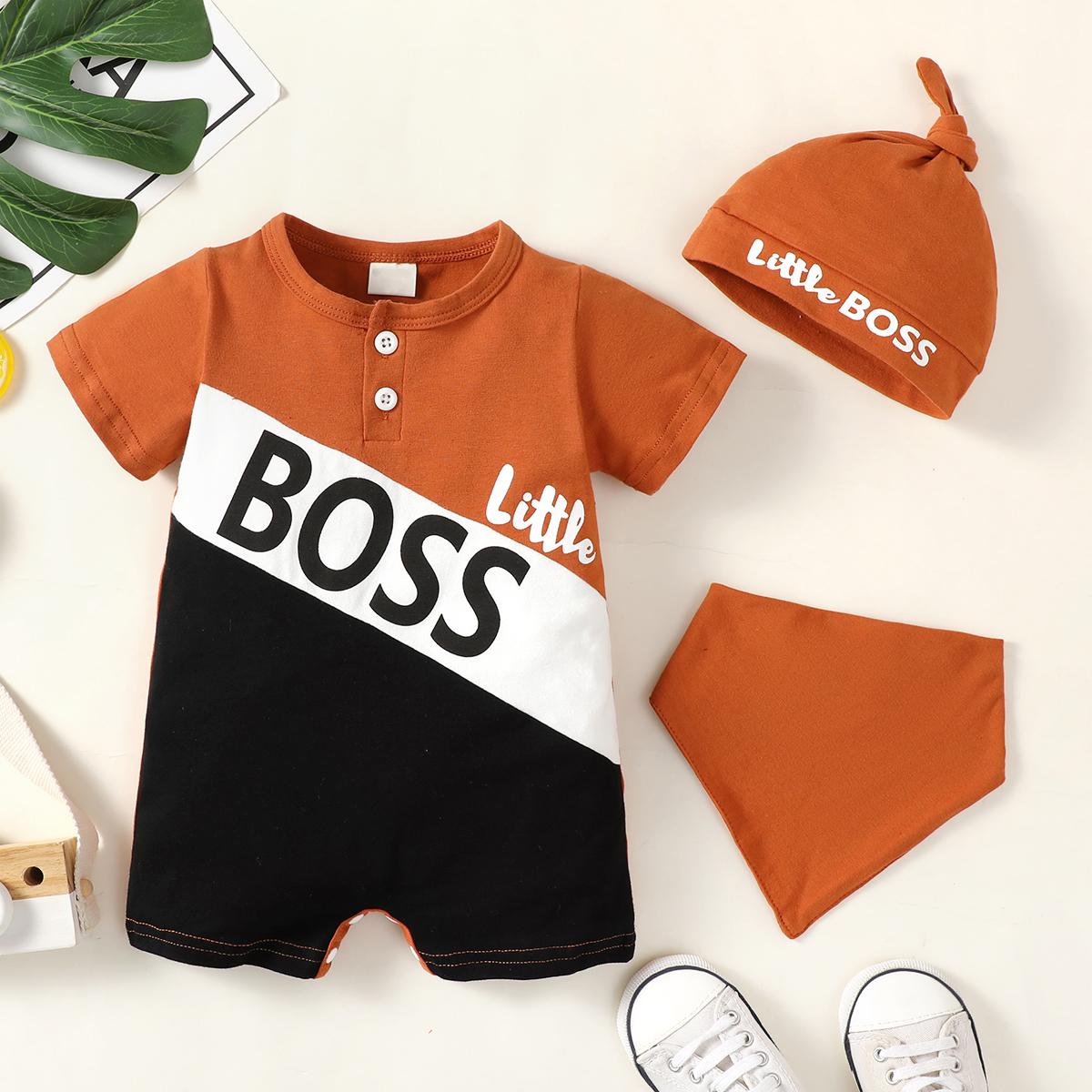 KID FASHION Baby Boys Clothes "little BOSS" Splice Summer Romper With Hat 2Pcs Romper Set 122205013