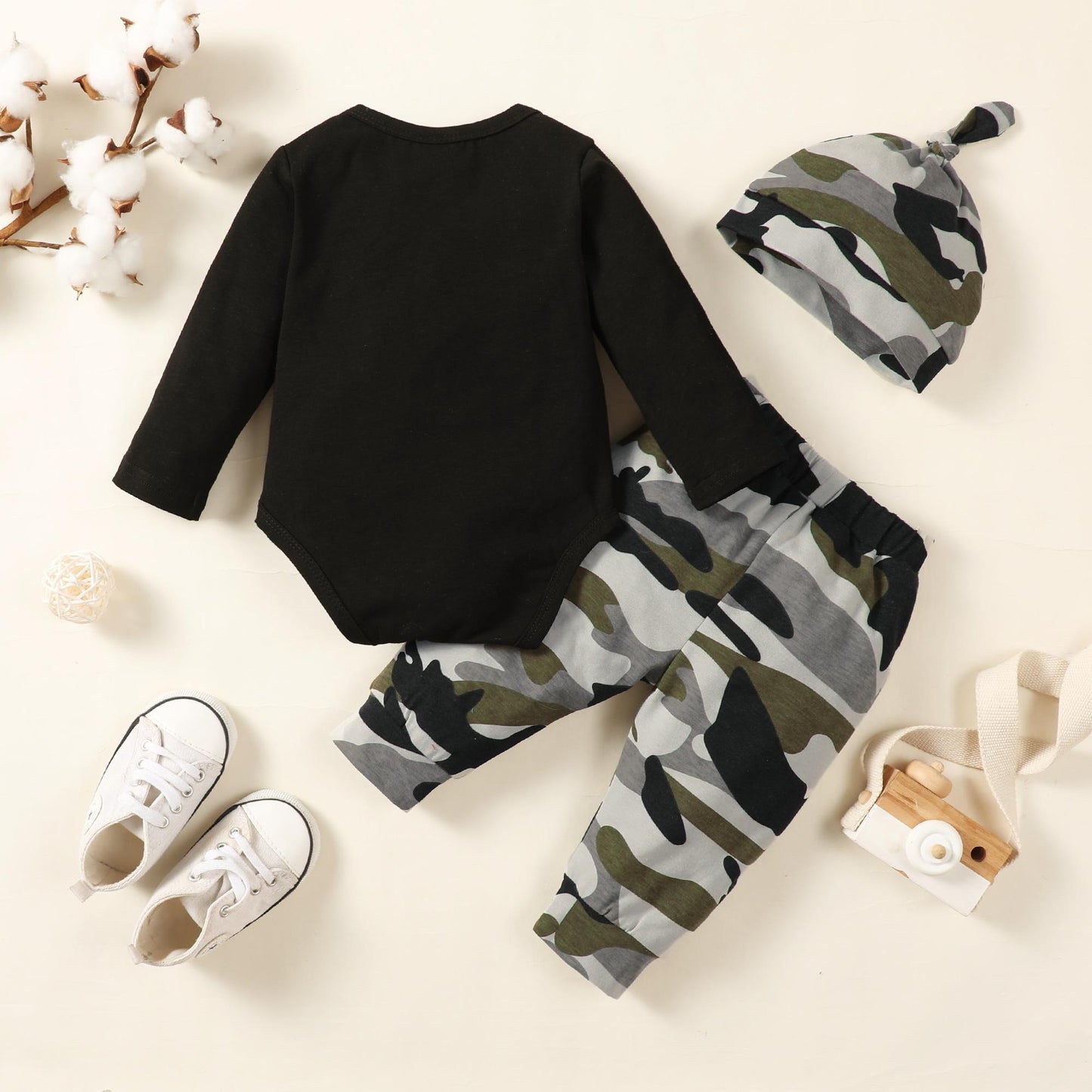 Kid fashion Boys Clothes Fist Bump Romper Winter OOTD Camouflage Pants Hat 3Pcs Outfits Black 32109604