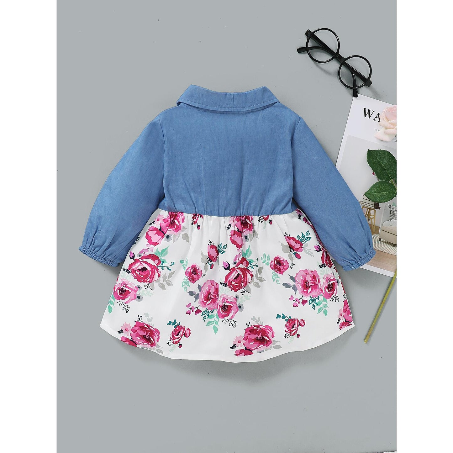 Kid fashion Girl Clothes Girl Dress Long Sleeve Lapel Dress Floral Dress Girls Jeans Dress Blue WL20081345